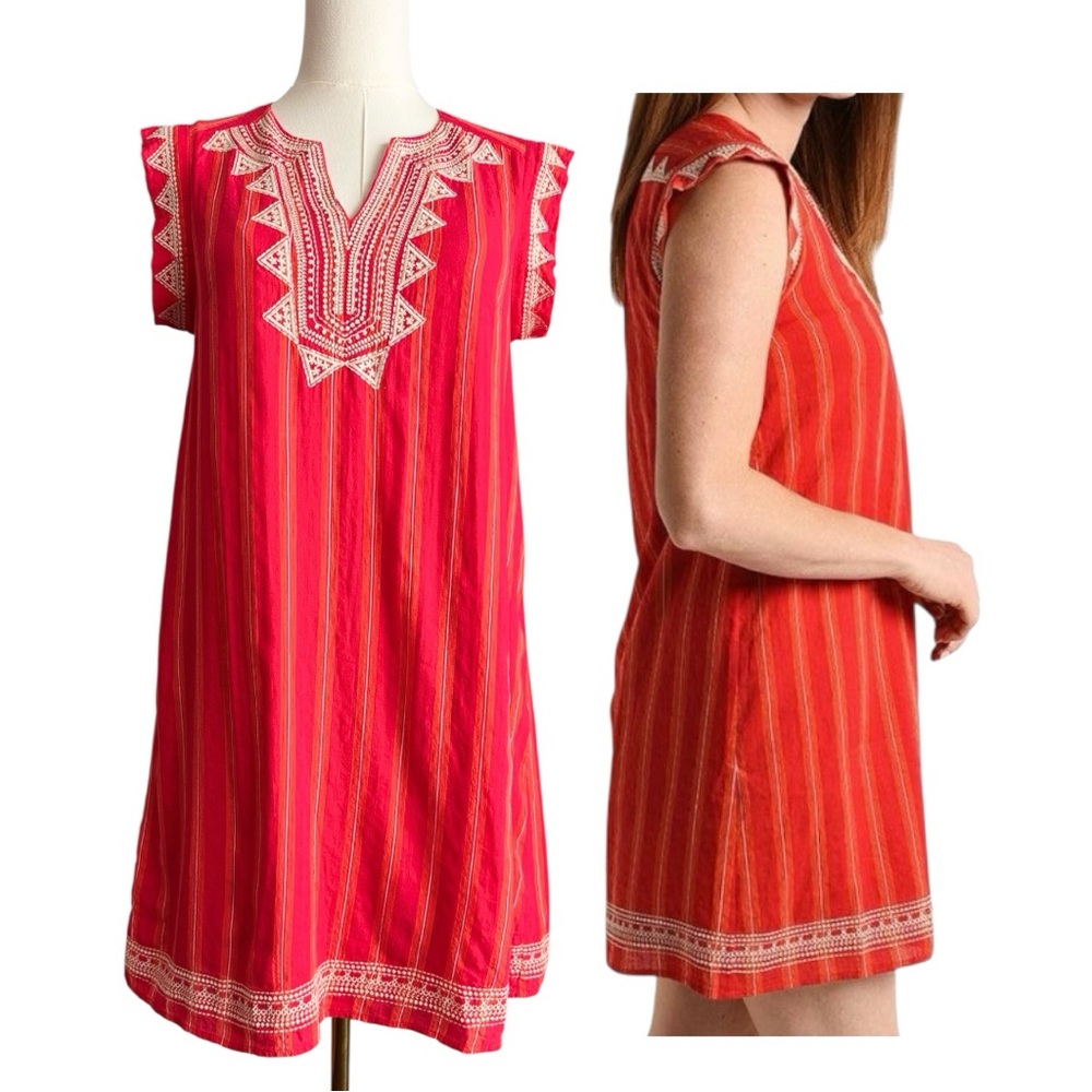 THML Red and Orange Striped Embroidered V-Neck Mini Dress